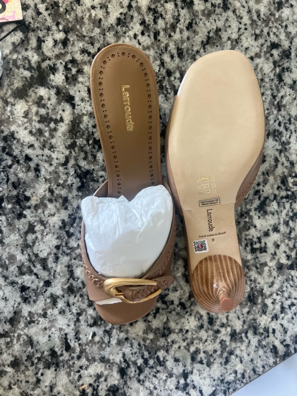 Larroude Tan Leather Heal Mule with Gold Buckle